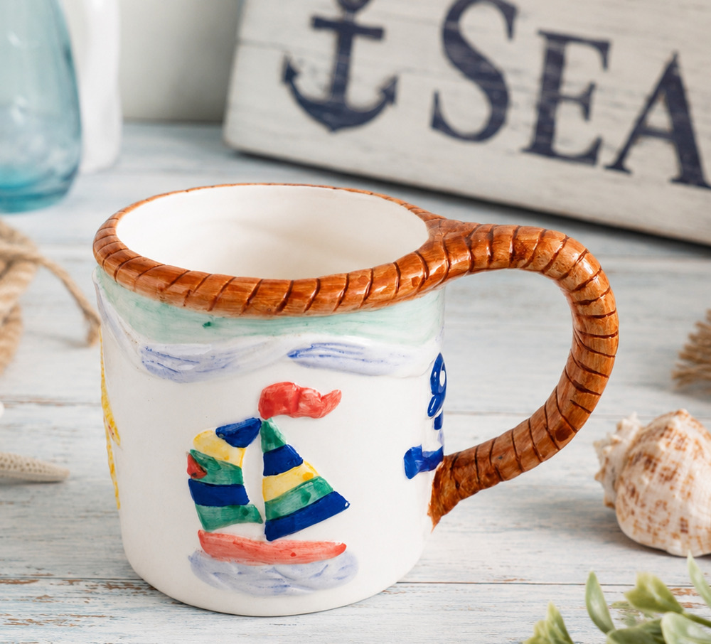 ⛵🐚Home Trends Sailboat Ceramic Mug Anchors Away Nautical Coastal Seaside Decor